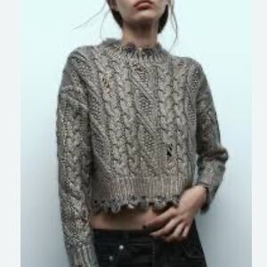 Zara Gold and Gray Crew Neck Cable Knit Sweater